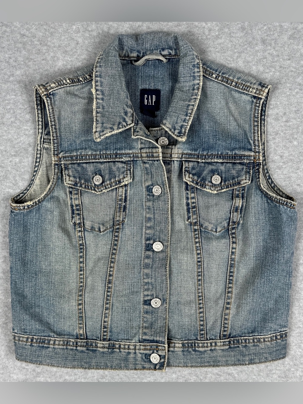 Vintage GAP Denim Vest Women’s L Distressed Faded Jean Trucker Y2K 90s